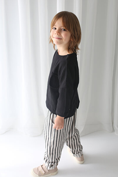 Catz Kids Boy's Black Striped Linen Trousers + Black Muslin Back Button Shirt