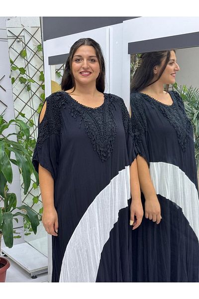 Punta Otantik Vl8870 Shoulder Window Ribbon Patterned Lace Voile Dress Black