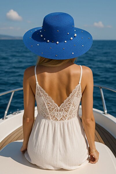 Axesoire 14232-10 Μπλε Ψάθινο Καπέλο Sax με Πέρλες Πάνω τους