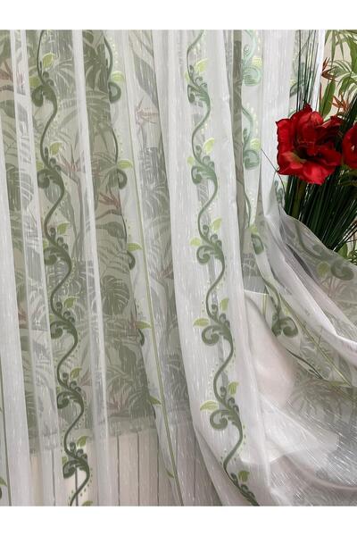 Liz Line Mechanically embroidered curtain, with rejansa, various sizes, white/green, "Flower garland" by LizLine RD214