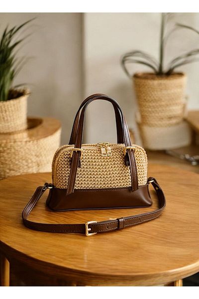 LEATHEROO Women's Knitted Textured Special Design Brown Baguette Bag