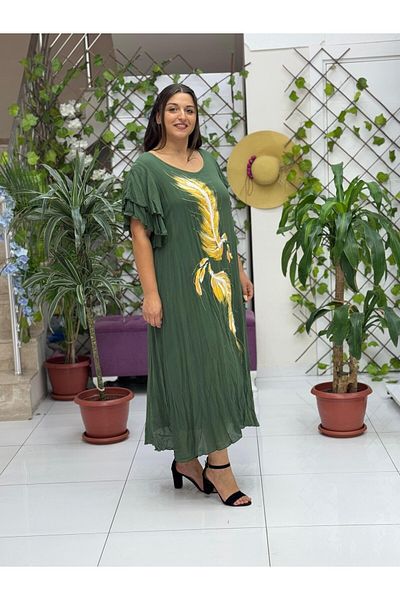 Punta Otantik Vl9636 Feather Printed Half Sleeve Voile Dress Khaki