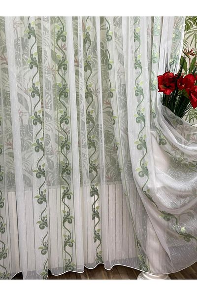 Liz Line Mechanically embroidered curtain, with rejansa, various sizes, white/green, "Flower garland" by LizLine RD214