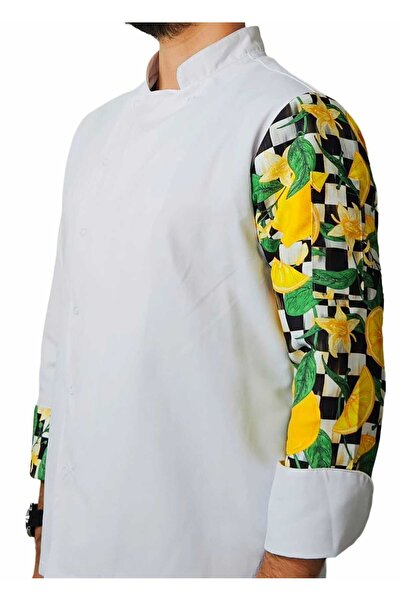 Ant Rotagrup Üniforma ve İş Elbiseleri Chef Jacket Patterned Unisex Snap Fastener Long Sleeve Chef Cook Kitchen Jacket Lemon Pattern