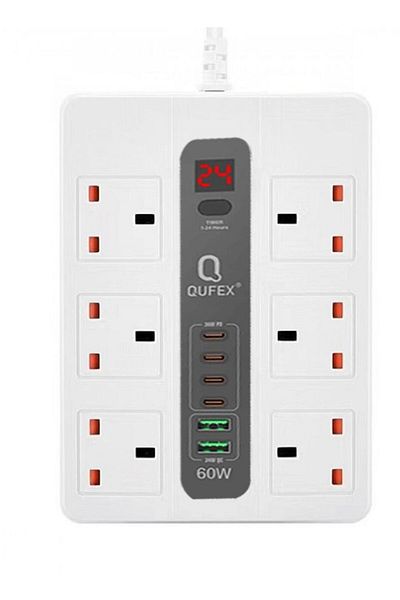 QUFEX Kivex Electrical Extension 3000W White 3m with 4 PD Ports 36W and 2 USB Ports 60W Fast Charging