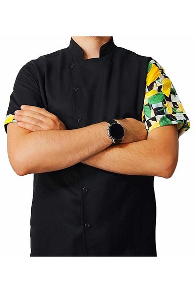 Ant Rotagrup Üniforma ve İş Elbiseleri Chef Jacket Patterned Unisex Snap Fastener Short Sleeve Summer Chef Cook Kitchen Jacket Lemon Pattern