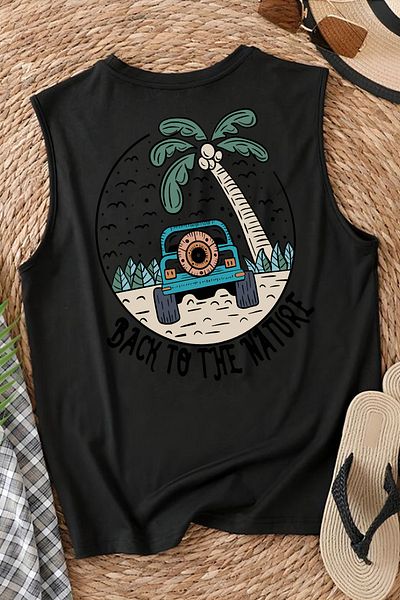 MARKATEM Nature Printed Casual Cut Cotton Oversize 0 Sleeve Sleeveless T-Shirt