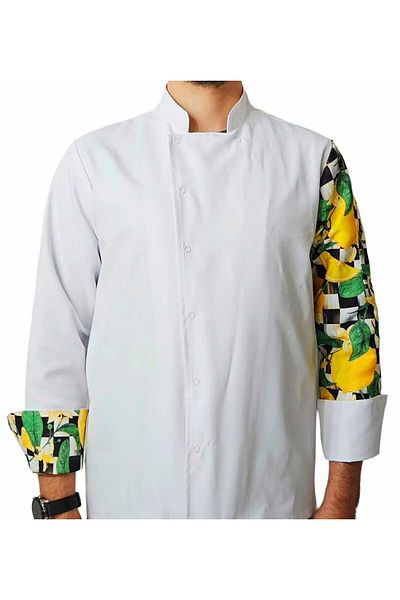 Ant Rotagrup Üniforma ve İş Elbiseleri Chef Jacket Patterned Unisex Snap Fastener Long Sleeve Chef Cook Kitchen Jacket Lemon Pattern
