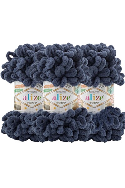 Alize Puffy 3’lü Paket El Örgü İpi - Şişsiz – 100g x 3 Adet – Renk No: 900 - Lacivert