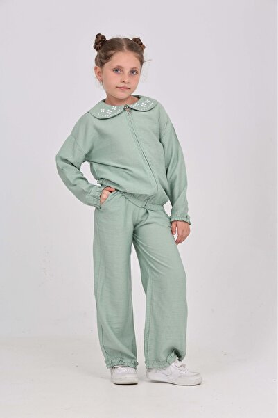 Toontoy Girl's Collar Embroidered Tracksuit Set