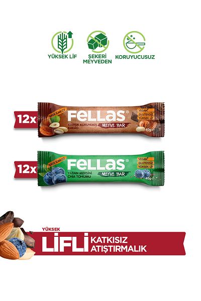 Fellas Fruit Bar 40 G - 24 Pieces Super Double Box, Krş.Nuts + Blueberries 12 Pieces