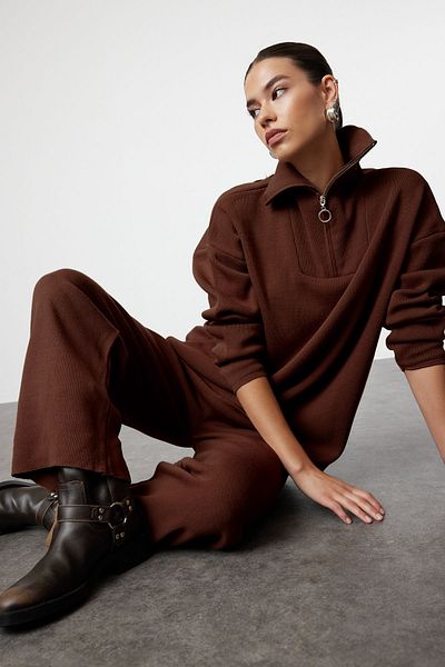 Trendyol Collection Brown Wide Fit Zippered Knitwear Bottom-Top Set Twoaw24Au00026