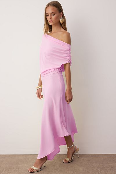 Trendyol Collection Pink A-Line Boat Neck Woven Midi Stylish Dress Tprss25El00321