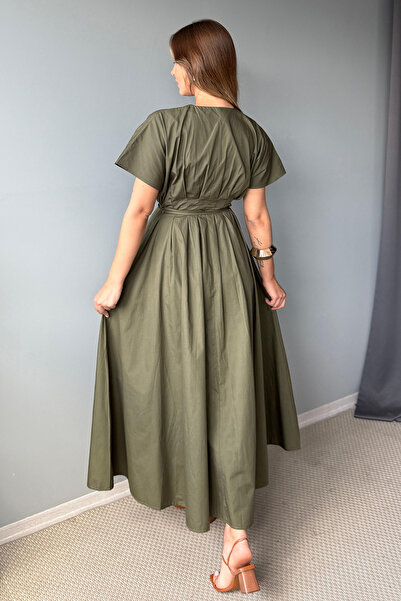Trendyol Collection Khaki derékra kötő részlet Midi poplin szőtt ruha TWOSS25EL00925