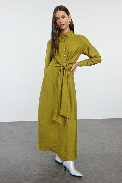 Trendyol Modest Khaki Tie Waist Buttoned Aerobin Shirt Dress Tctaw25Eb00075