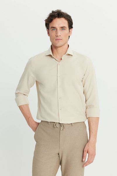 AC&Co / Altınyıldız Classics Men's Beige Tailored Slim Fit Slim Fit Small Italian Collar Dobby Oxford Shirt