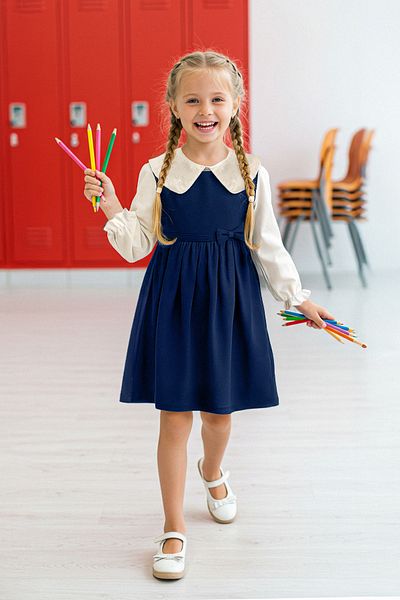 TRENDYOLKIDS Синьо*001 Момиче 100% памук Плоско велосипедно деколте A-линия Тъкана рокля TKDAW26EL00004