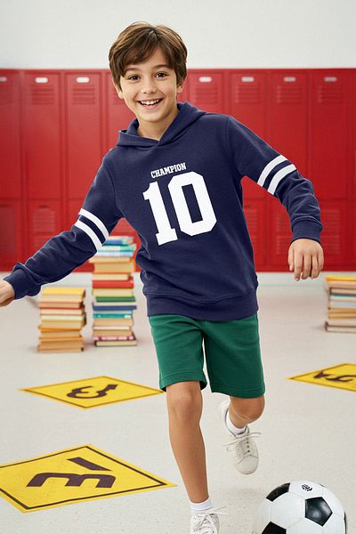 TRENDYOLKIDS Chlapecká pletená mikina s kapucí – námořnická modrá, potištěný slogan Tkdaw25sw00039