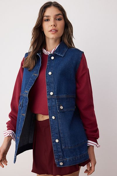 Trendyol Collection Dark Blue Shirt Collar Pocket Detailed 100% Cotton Denim Vest Jacket TCTAW22CK0006