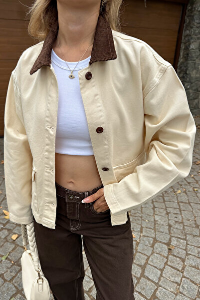 Trendyol Collection Ecru Corduroy Collar Detailed Denim Shirt Jacket Twoaw26Ce00004