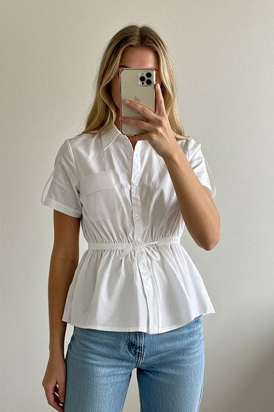 Trendyol Collection Ecru Front Tie Detail Pocket Short Sleeve Woven Shirt Twoss25Go00017