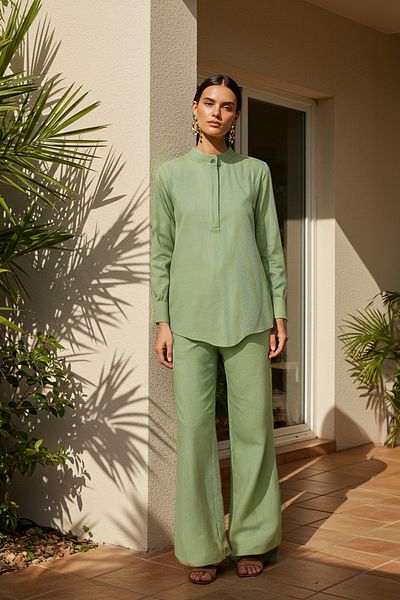 Trendyol Modest Costum țesut verde cu tunică-pantaloni cu umeri cu plăcuță pe jumătate ascunsă TCTSS22US0098