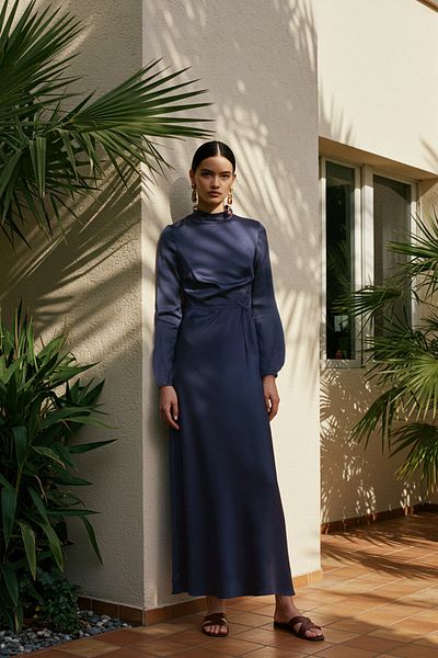 Trendyol Modest Navy Blue Lace Detailed Satin Evening Dress Tctss25Eb00136
