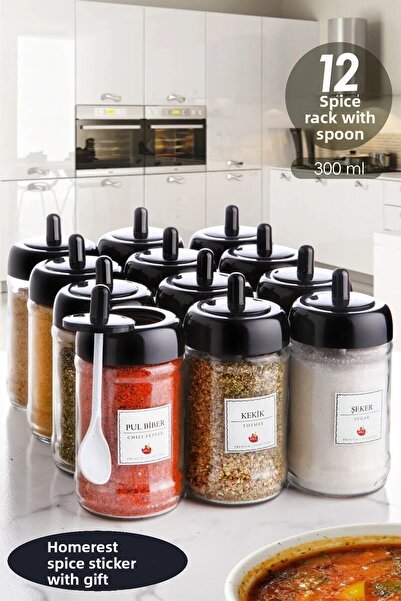 Seyese طقم بهارات زجاجية بسعة 300 مل مكون من 12 قطعة - ملصق مع ملعقة وغطاء وهدية