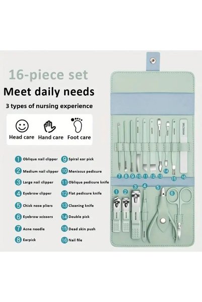 Nail Master 16 Piece Professional Manicure Pedicure Set with Green Leather Bag