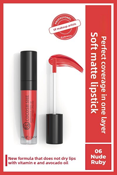 Cocosh She أحمر شفاه سائل غير لامع 06 نيود روبي، فيتامين E، زيت الأفوكادو، مل...