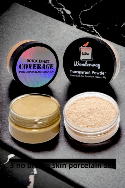 wonderway مجموعة كريم أساس من البورسلين بلون البشرة الداكنة وبودرة شفافة - خا...
