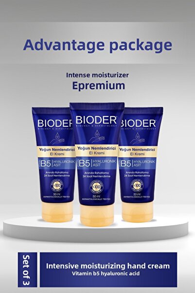 Bioder Intense Moisturizing Hand Cream 50 ml - Vitamin B5 Hyaluronic Acid 24 Hour Effect Alcohol Free 3 Pack