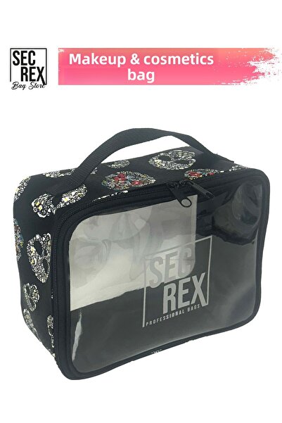 SECREX Веганска кожена чантичка за грим и козметична чантичка с мотив на череп