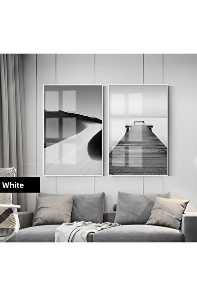 Harikabirev HARİKABİREV | SET NEGRU&ALB COMBINAT MODERN LAZURĂ-DE-DEZERT | TABLO DE STICLA CU CADRU 2 PIESE VERTICAL