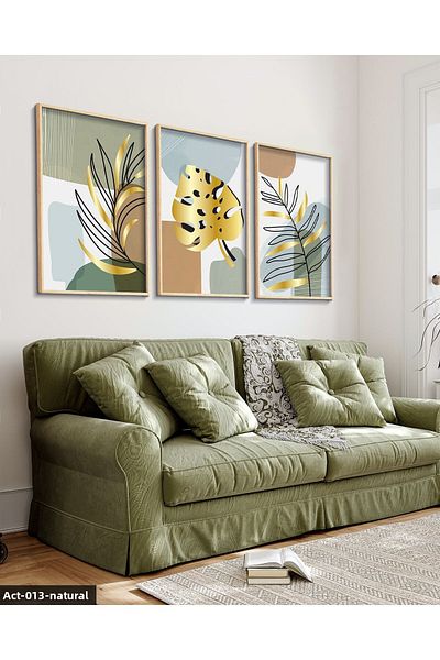 Evinemoda Gold, White, Feather, Leaf, 3 Piece Wooden Framed Painting Act