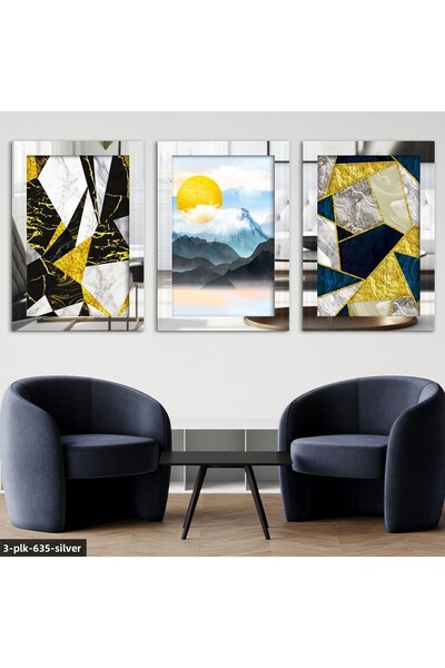 Evinemoda Mountain Sun Abstract Pattern 3 Piece Plexiglass Framed Painting wi...