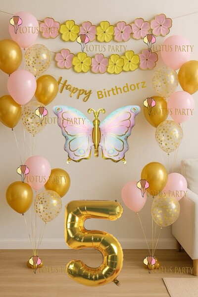 LOTUS PARTY Set de zi de naștere Macaron Floral Gold Butterfly Banner Macaron...