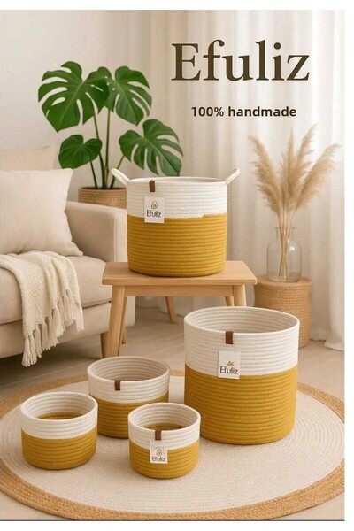 Efuliz Home Set de coșuri multifuncționale din iută și paie, coș pentru baie și rufe, coș decorativ pentru jucării și machiaj.