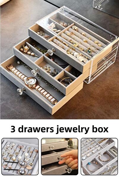 Clevora Modern Gray 3 Drawer Jewelry Bijouterie Jewelry Box Organizer Organizer Transparent 13 X 23 X 10