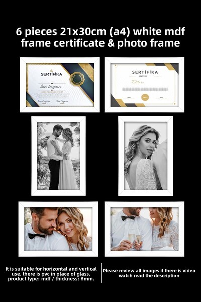 yhfoto 6 Pieces A4 Frame - White Frame - MDF 21x30 Frame - Photo & Certificate Frame