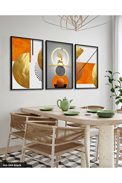 Evinemoda Gold, Deer, Geometry, Abstract, Neon 3 Piece Black Wooden Framed Painting Act