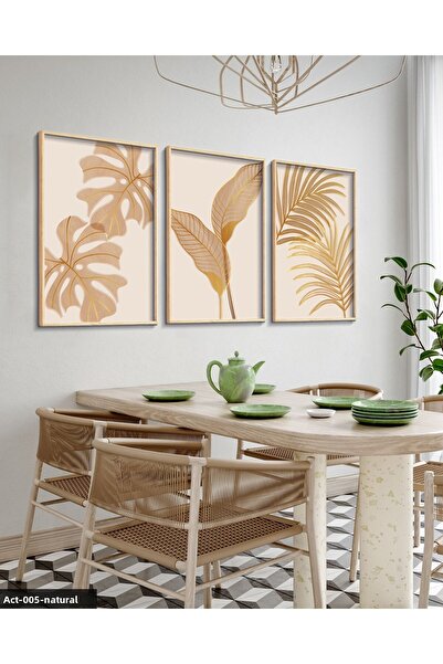 Evinemoda Botanical Gold Leaf Flower 3 Piece Wooden Framed Painting Act