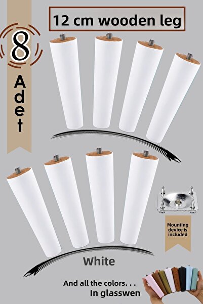 GLASWEN 8 bucăți picioare din lemn, 12 cm, alb, cu dispozitive de conectare cu șuruburi M8, mobilier dulap, scaun, picior de susținere pentru canapea