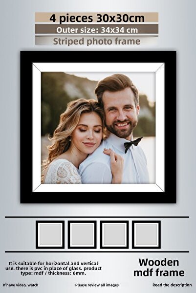 Bytwo 4 Pieces 30X30 Frame - Black and White Striped Photo Frame - Mdf Frame - Square Frame
