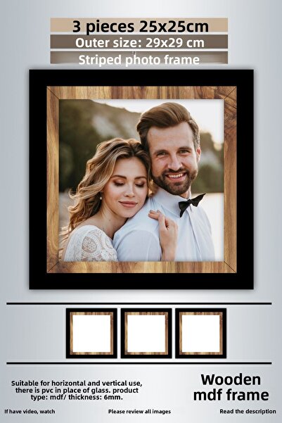 yhfoto 3 bucăți 25x25 cadru - cadru foto negru-dungi din lemn - cadru MDF - cadru pătrat