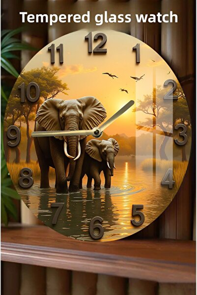 kutuTR 3D Look Tempered Glass Clock with Elephant Figure – 33 cm Csdw178