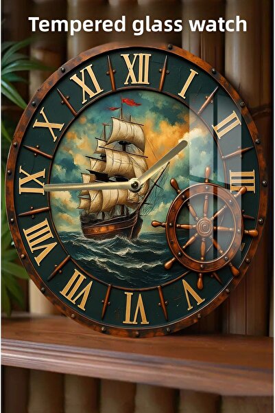 kutuTR 3D Look Tempered Glass Watch with Ship and Helmsman Wheel Design – 33 cm Csdw167