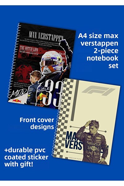 merccuri crafts مجموعة دفاتر مدرسية ماكس فيرستابن A4 حلزونية مكونة من 50 ورقة مكونة من قطعتين - مسطرة/مربعات من مادة PVC مقاومة للماء