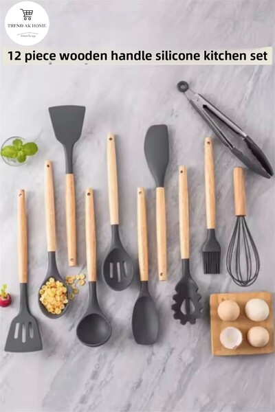OSKAR FIRÇA Wooden Handle Heat Resistant Silicone 12 Piece Serving Spoon Set