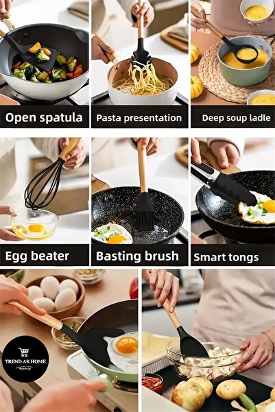 OSKAR FIRÇA Set of 12 Piece Serving Spoons with Wooden Handle Heat Resistant Silicone